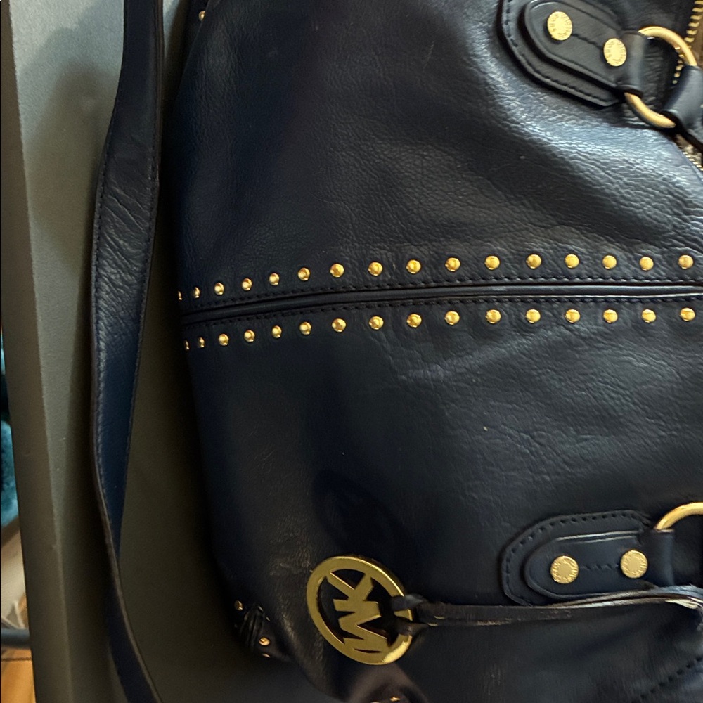 MICHAEL Michael Kors Navy Leather Shoulder Bag with Gold Studs